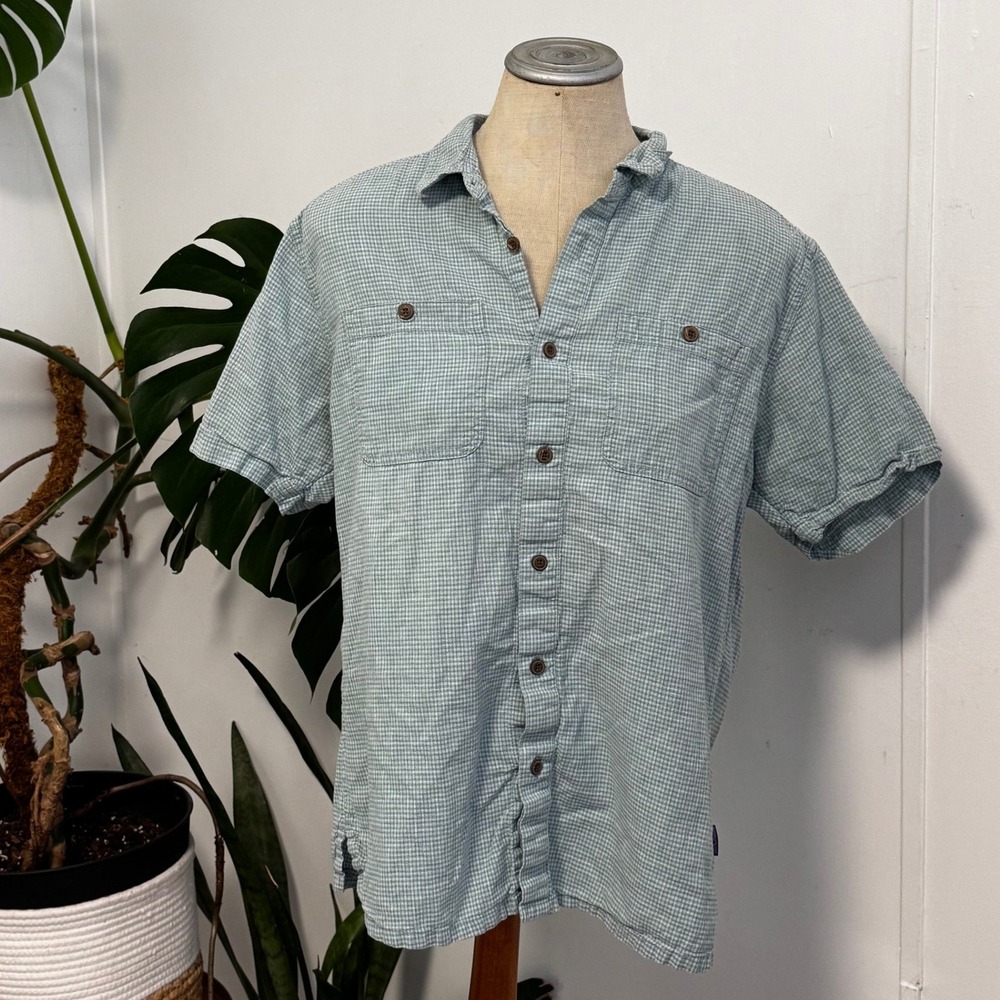 Patagonia Hemp Cotton Shirt Mens Medium Blue Grey Check Short Sleeve Button Down
